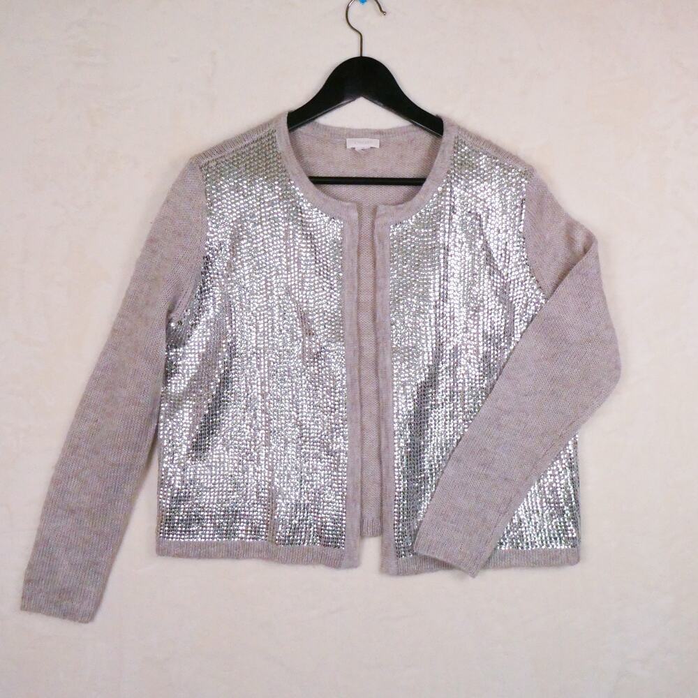 Chico's Shae Warm Silver Sequin Open Cardigan Size 2 Medium Wool Mohair Blend